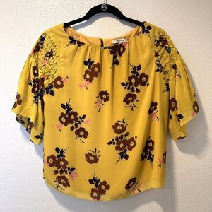 Madewell Women ( S )Pleated Cascade Top in Retro Bouquet Mustard Floral Blouse